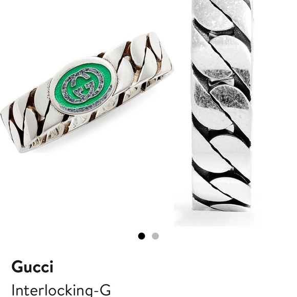 GUCCI- “G” Sterling Silver, Green Enamel, Interlocking Band Ring, Size 7.5 - Picture 5 of 15